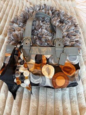 Vintage Coach Gray Shoulder Bag with Multicolor Ring Print and Scarf Accent